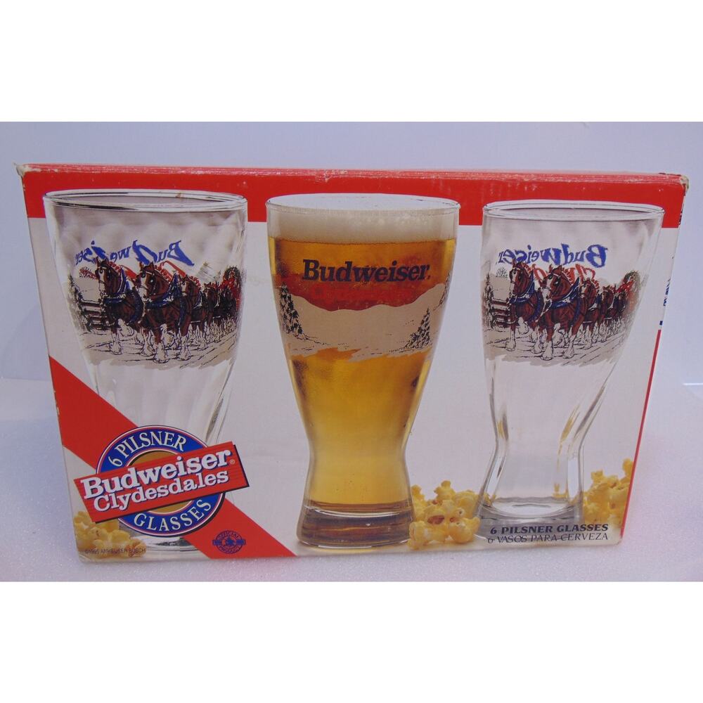 Vintage Pilsner Beer Glasses 1995 Budweiser Winter Clydesdales Set Of 6 Box Rare